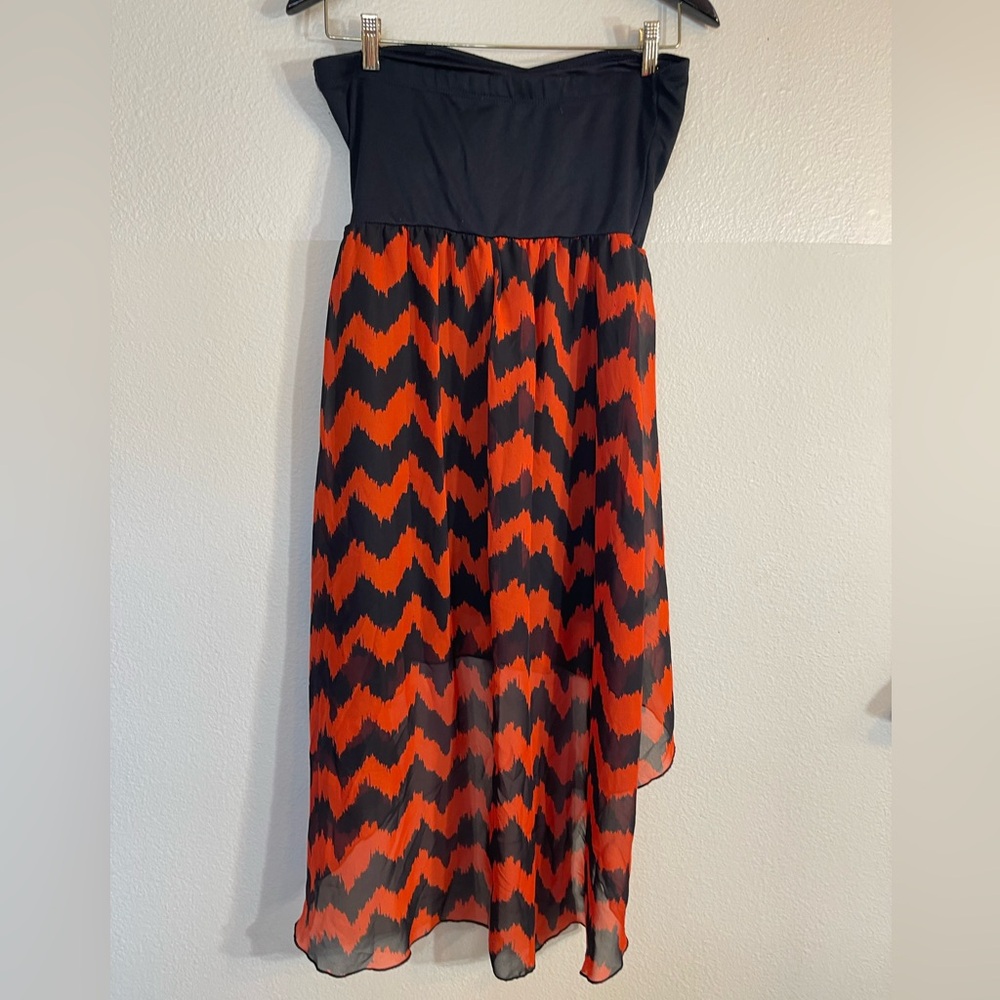 Black and Orange Chevron high low strapless Dress small - Picture 6 of 6
